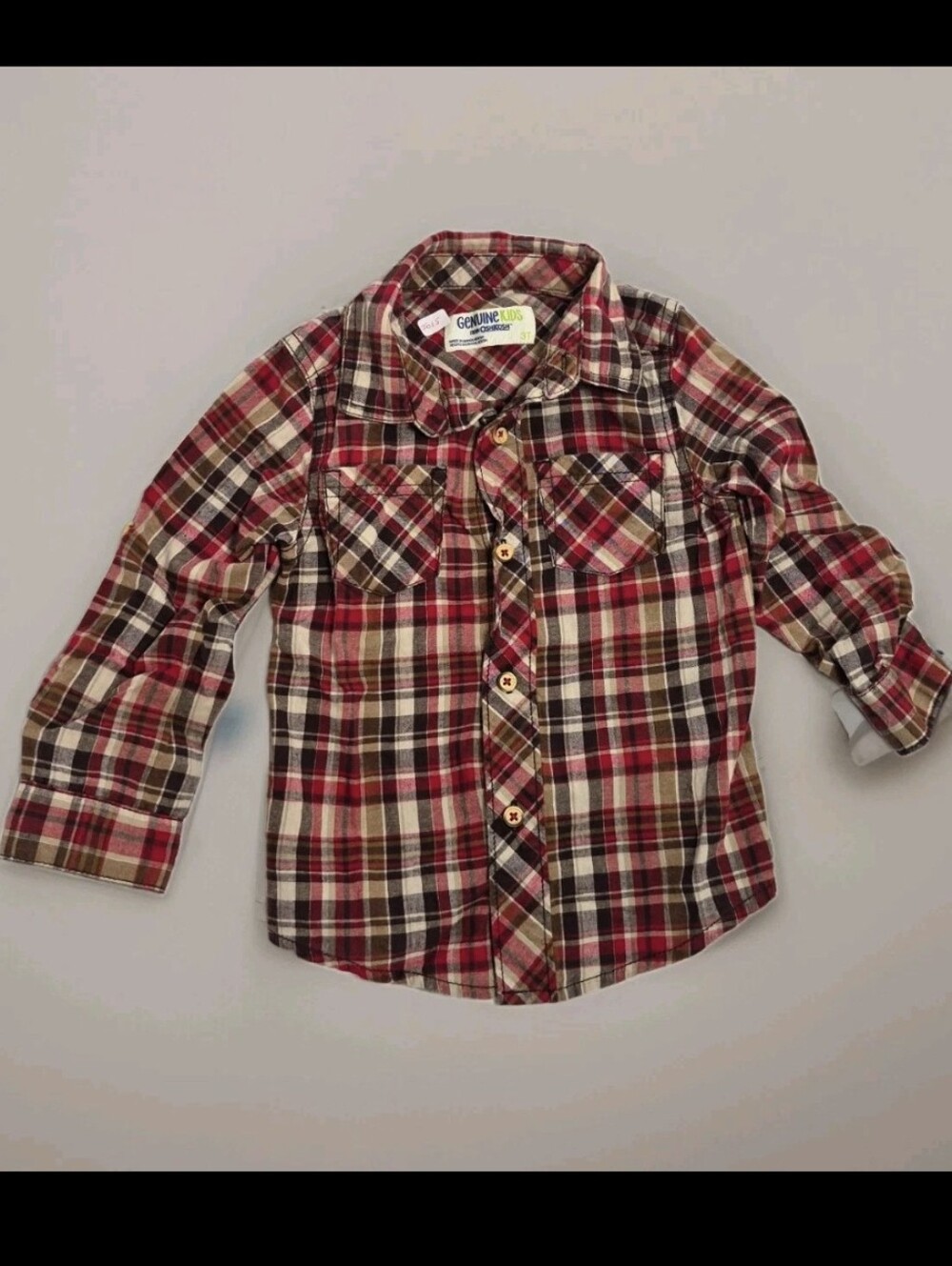 OshKosh Red Plaid Button Down Shirt 3T Cowboy Western Roll Tab Sleeves Fall